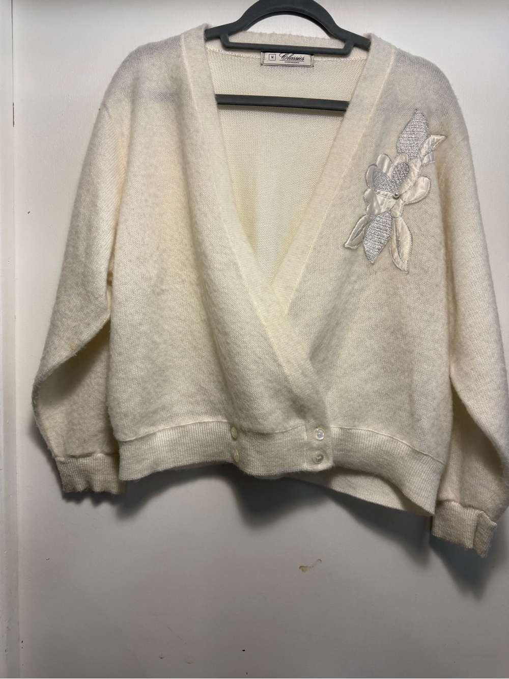 Cream V-Neck Floral Appliqué Cardigan Sweater Vintage inspired Sweater